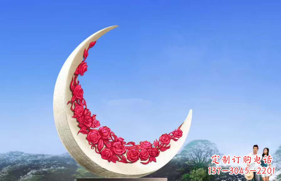 张家口不锈钢广场月亮雕塑月光下的璀璨美景
