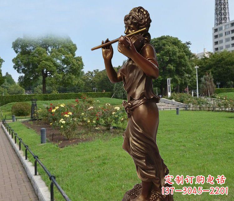 张家口吹笛子的美女城市花园景观玻璃钢仿铜雕塑