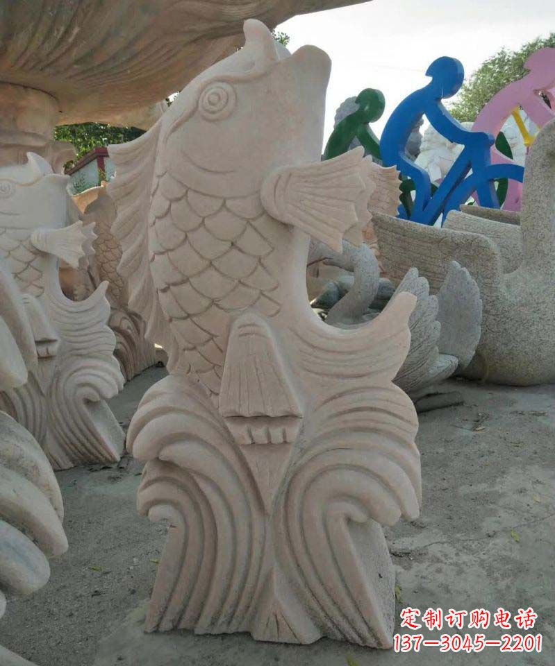 张家口大理石艺术装饰绚丽多彩的鲤鱼雕塑