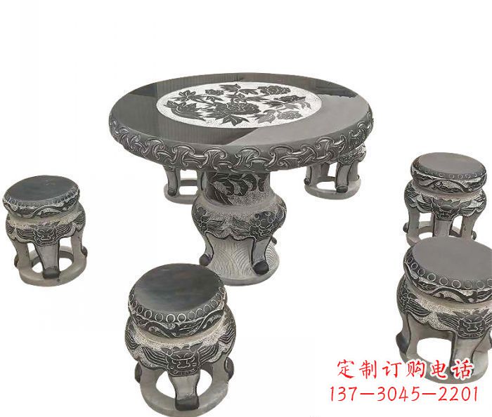 张家口仿古圆形石桌凳雕塑