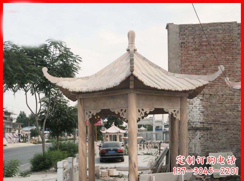 张家口公园晚霞红六角石凉亭雕塑