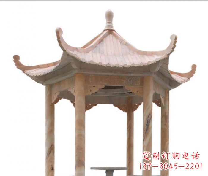 张家口美丽而优雅的公园晚霞红六角石凉亭雕塑