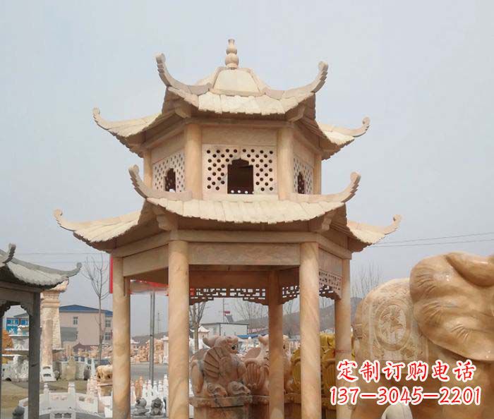 张家口红双层六角石凉亭雕塑