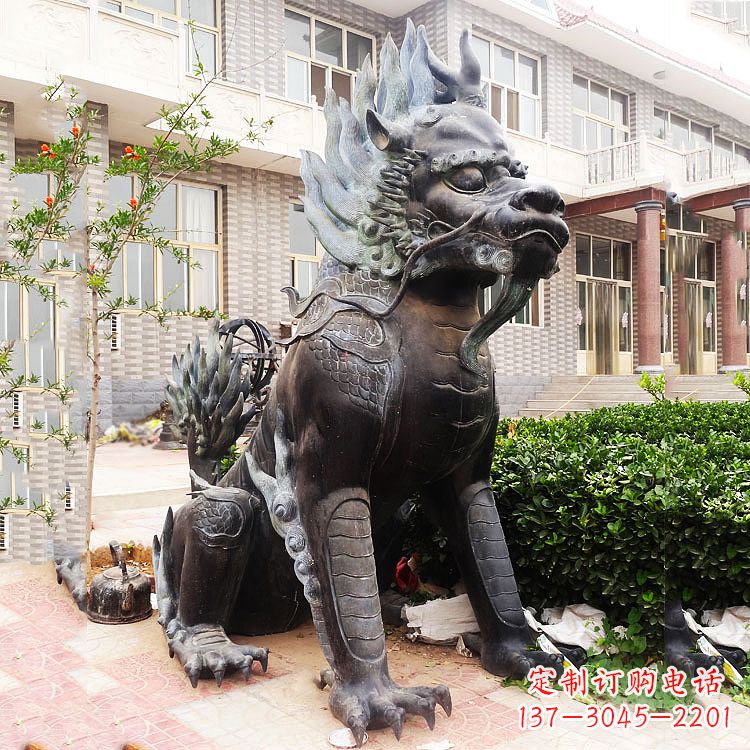 张家口古铜色镇宅铜麒麟雕塑,精美绝伦!