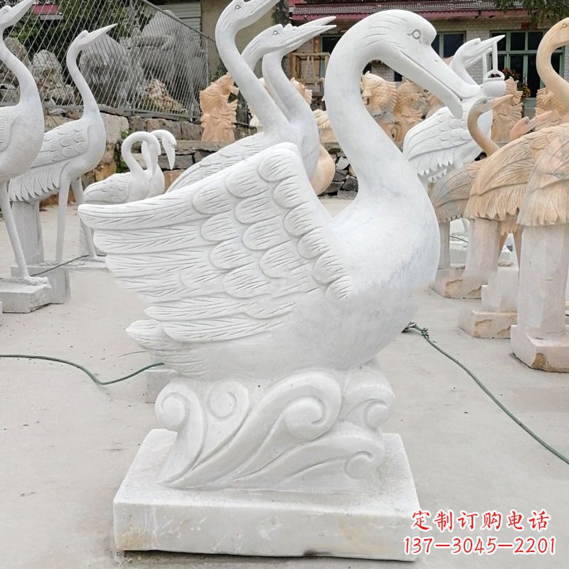 张家口汉白玉大理石吐水天鹅,水景水池装饰动物雕塑