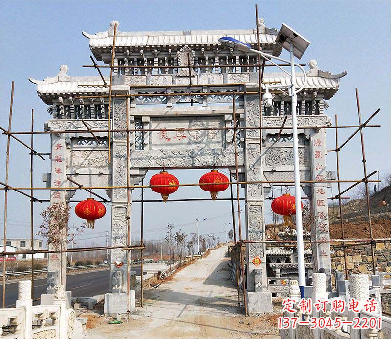 张家口传统工艺精致三门牌坊石雕