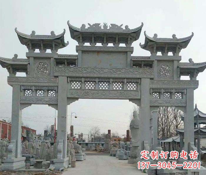张家口三门牌坊石雕，精美汉风石雕装饰景区