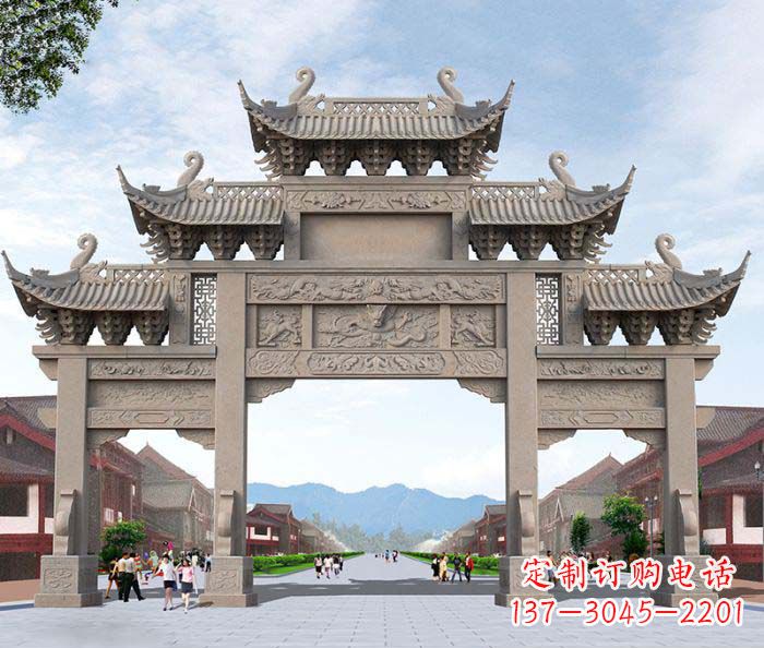 张家口景区三门石雕牌楼——精美雕塑定制