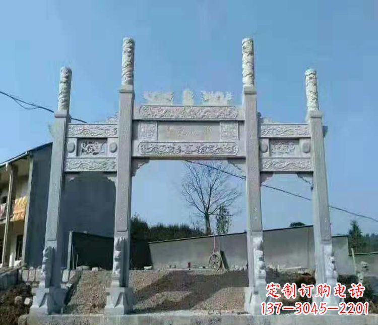 张家口三门仿古牌坊石雕,精致雕刻典雅之美
