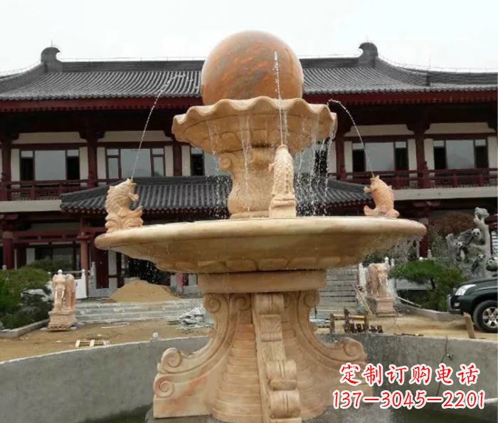 张家口双层风水球喷泉晚霞红石雕
