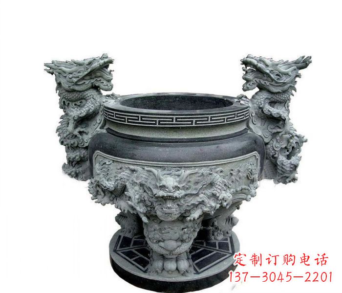 张家口寺庙景观龙头水缸石雕 (2)