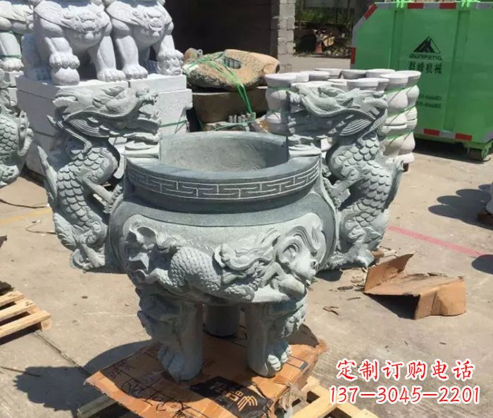 张家口寺庙景观青石龙头香炉石雕 (2)