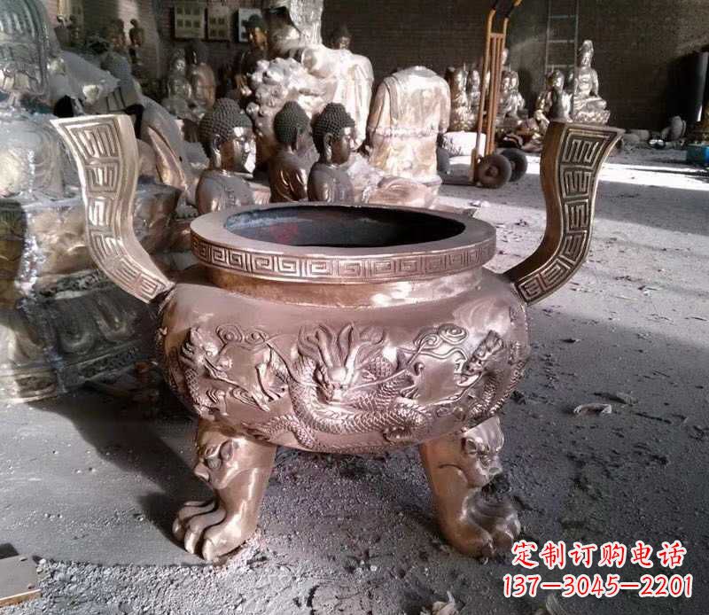 张家口寺庙龙浮雕圆铜雕香炉