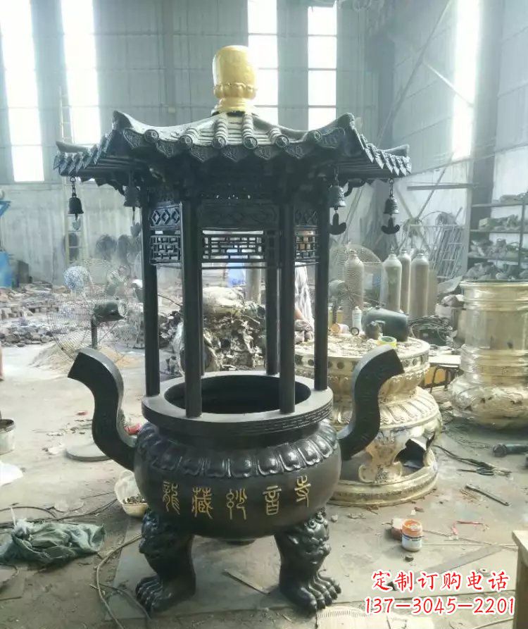 张家口寺庙圆香炉铜雕 (2)