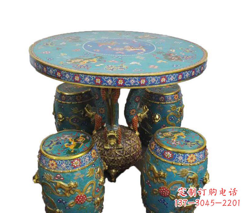 张家口铜雕彩绘小象圆桌景观摆件