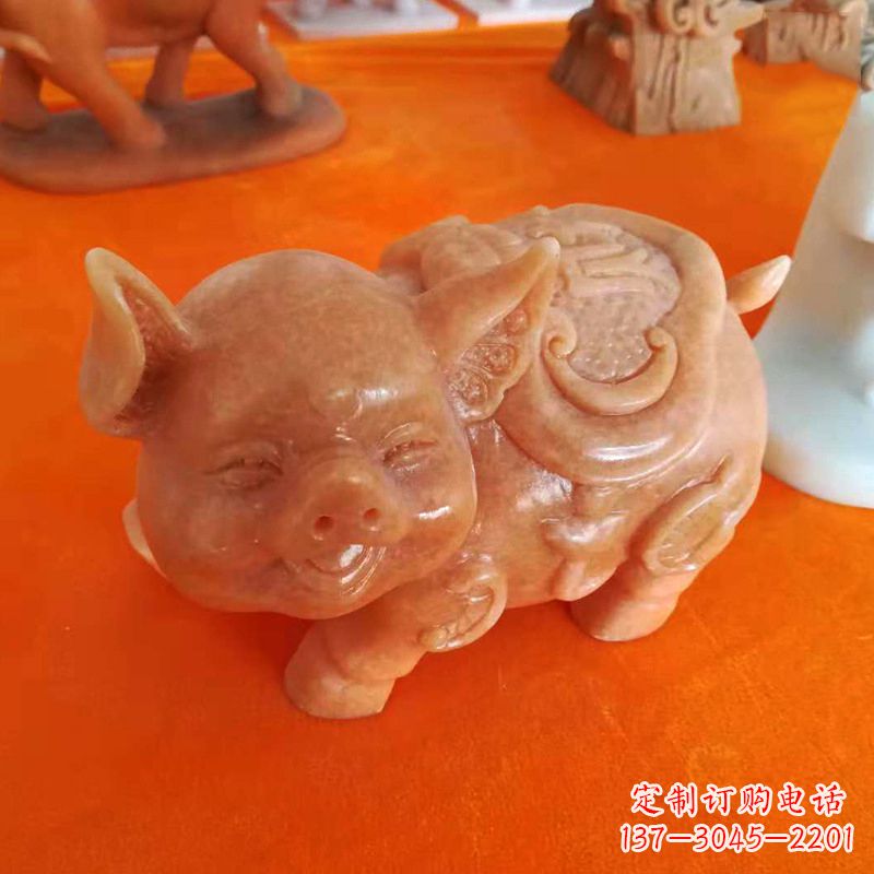 张家口晚霞红大理石招财猪雕塑-企业商场创意生肖动物风水摆件