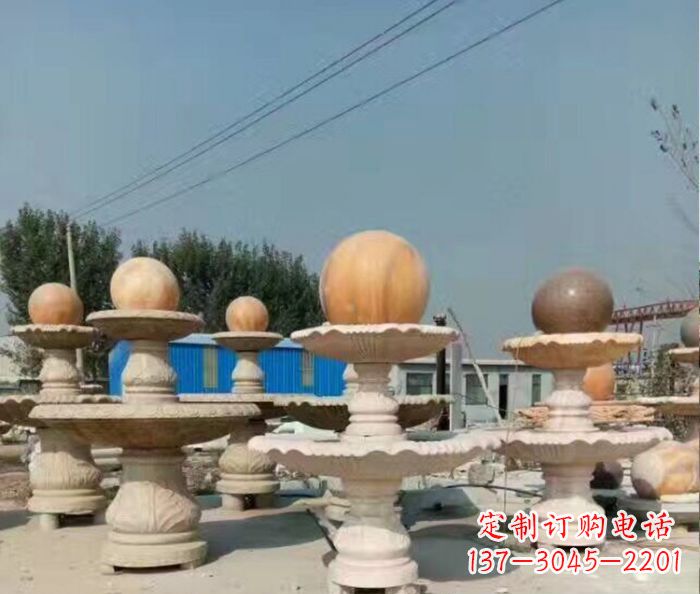 张家口晚霞红多层风水球喷泉石雕
