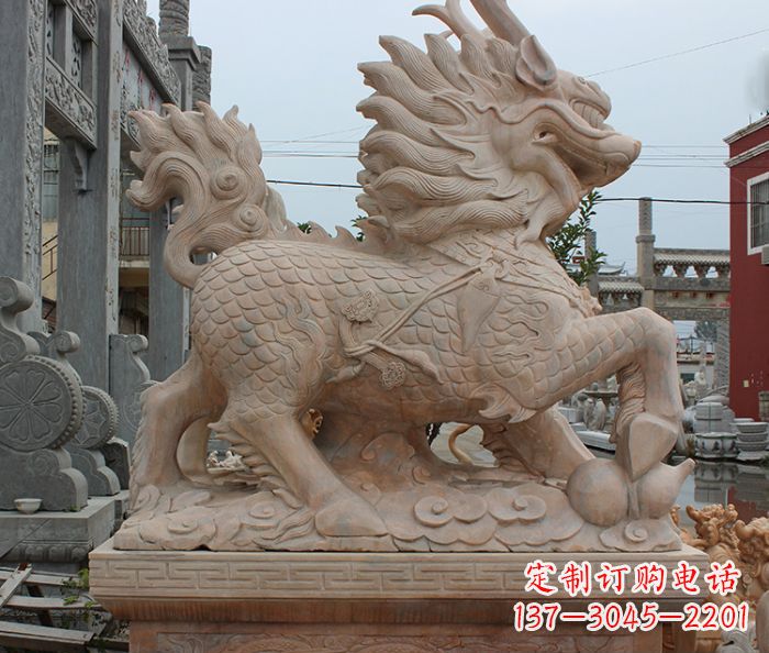 张家口晚霞红古代神兽麒麟石雕