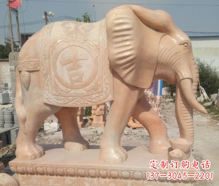张家口晚霞红吉祥如意门口大象石雕 (2)