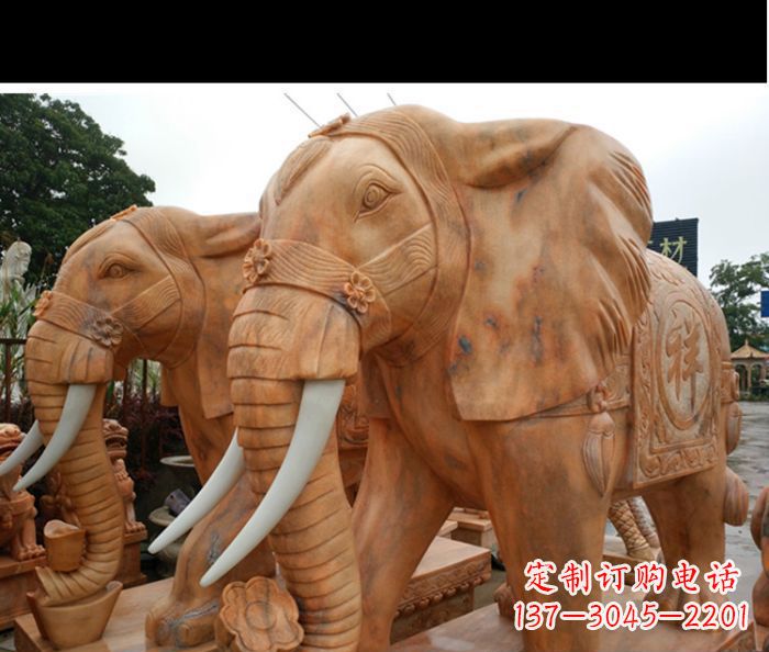 张家口晚霞红吉祥如意门口镇宅招财大象石雕 (3)