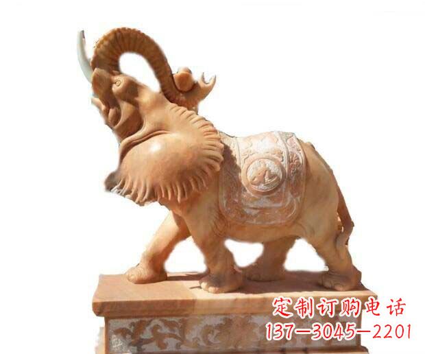 张家口晚霞红吉祥如意象鼻朝天的大象石雕