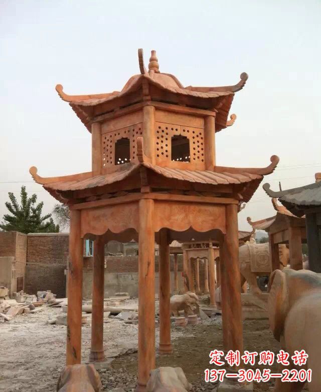 张家口晚霞红双层凉亭石雕
