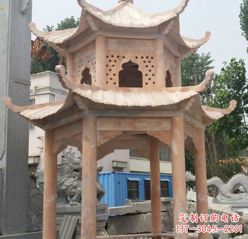 张家口晚霞红双层六角凉亭石雕 (2)