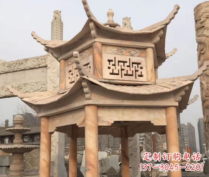 张家口晚霞红双层石雕凉亭