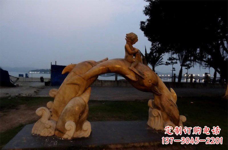 张家口西方儿童骑海豚石雕