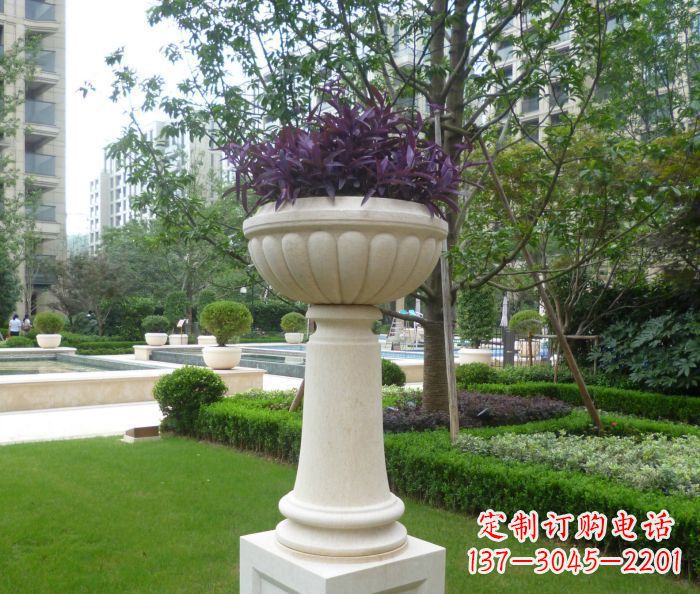 张家口小区景观汉白玉花盆石雕 (2)