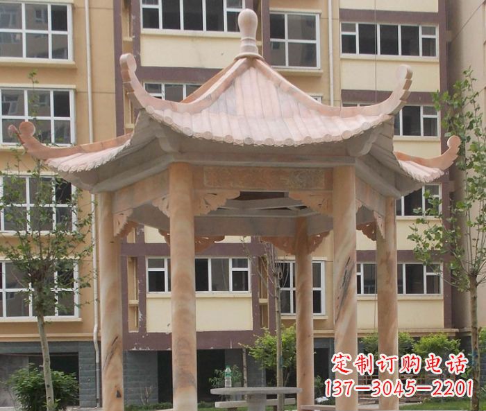 张家口小区晚霞红六角凉亭石雕