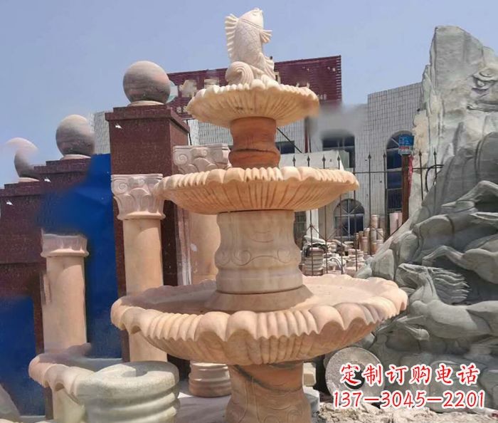 张家口园林景观晚霞红鲤鱼喷泉石雕