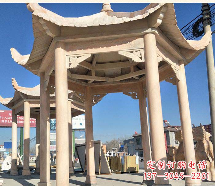 张家口园林景观晚霞红六角石雕凉亭 (2)