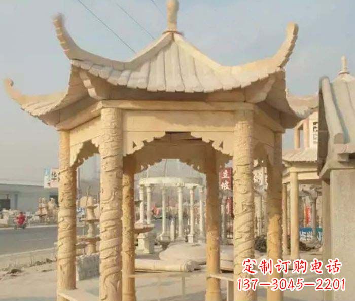 张家口园林景观晚霞红六角石雕凉亭 (3)