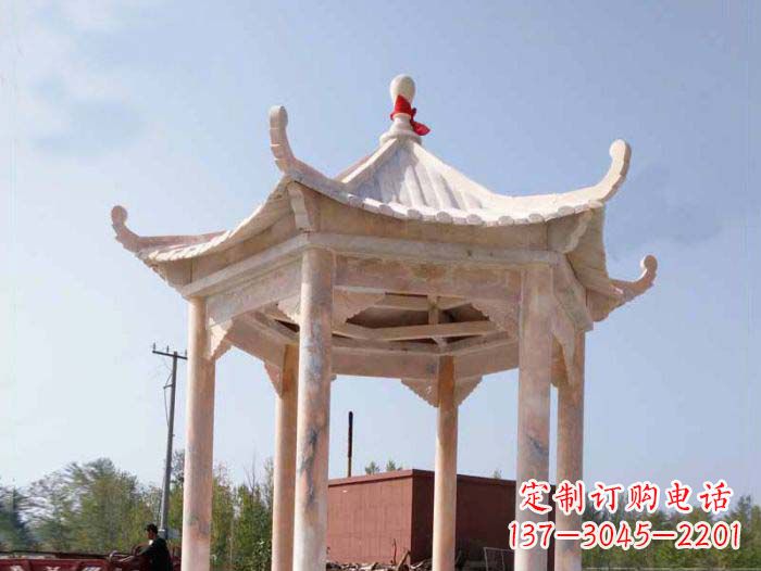 张家口园林景观晚霞红六角石雕凉亭
