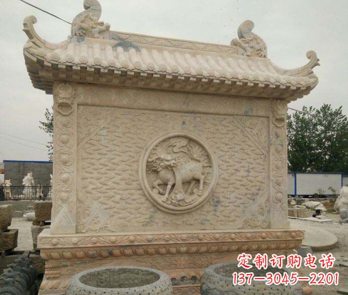 张家口园林景观晚霞红石雕影壁
