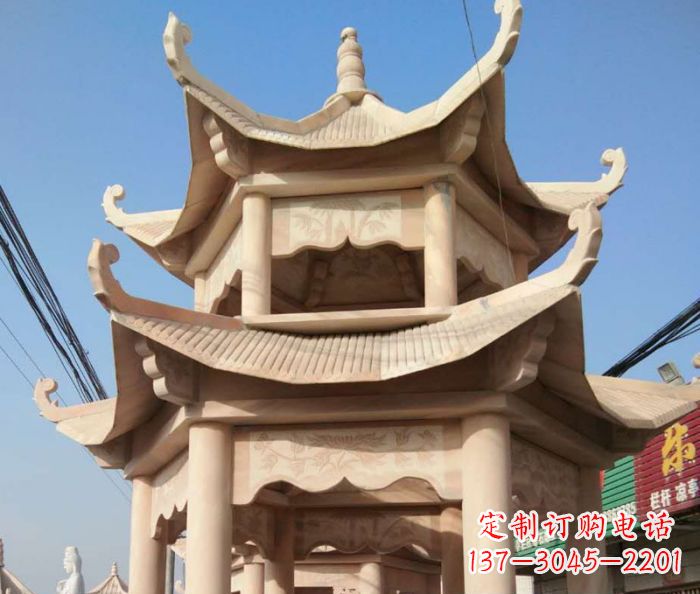 张家口园林景观晚霞红双层石雕凉亭 (2)