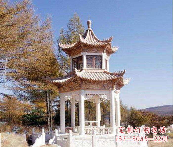 张家口园林景观晚霞红双层石雕凉亭 (3)