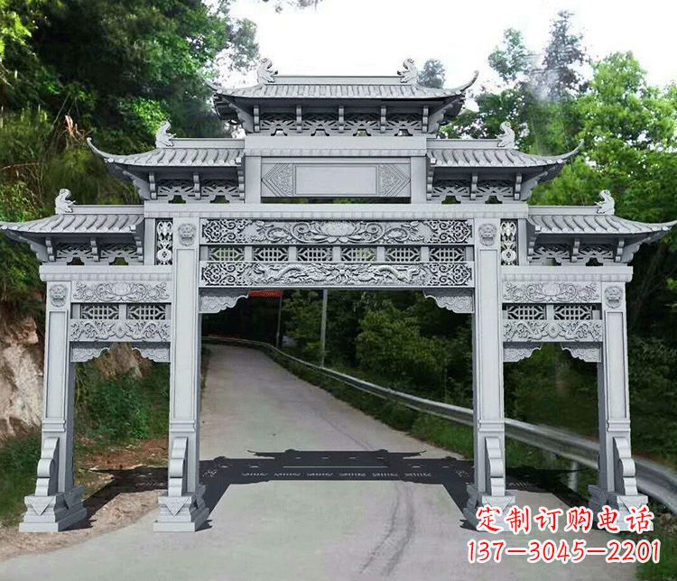 张家口园林三门石牌坊景观石雕
