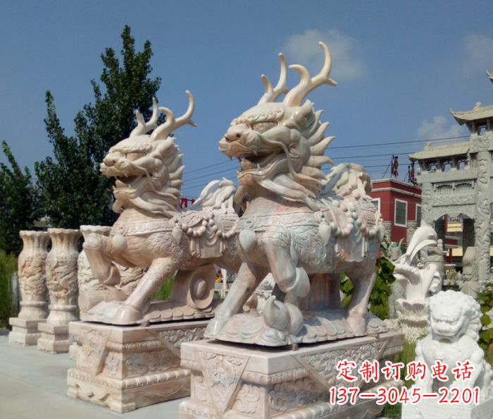 张家口招财神兽晚霞红石雕麒麟